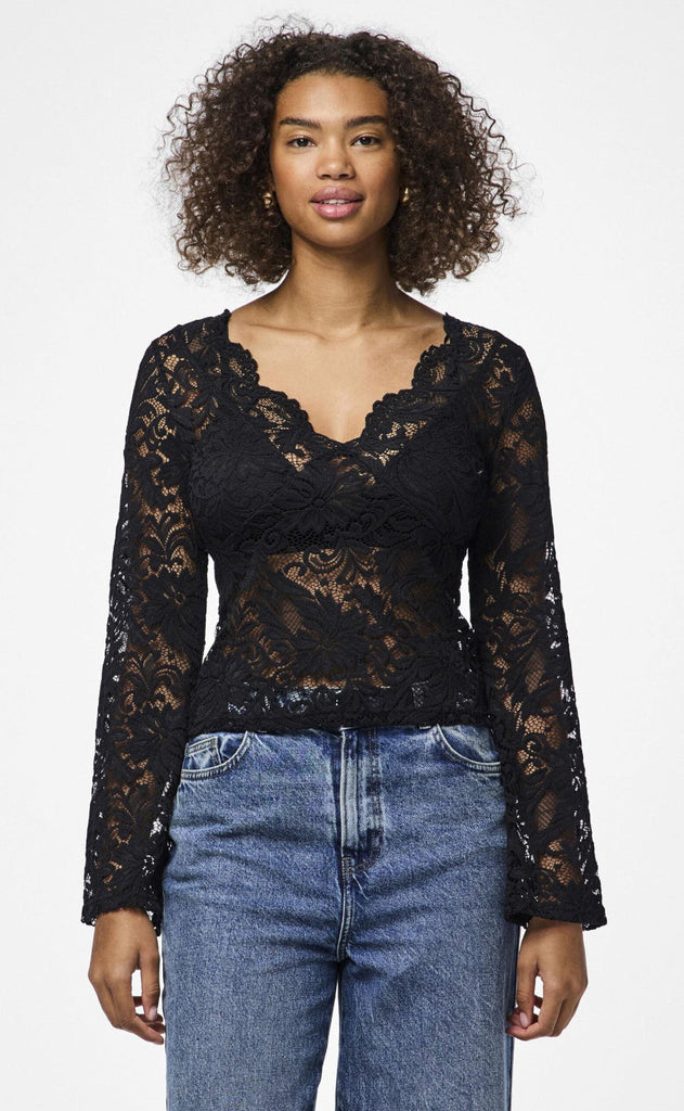 Pieces Top - Nalie LS Lace - Black