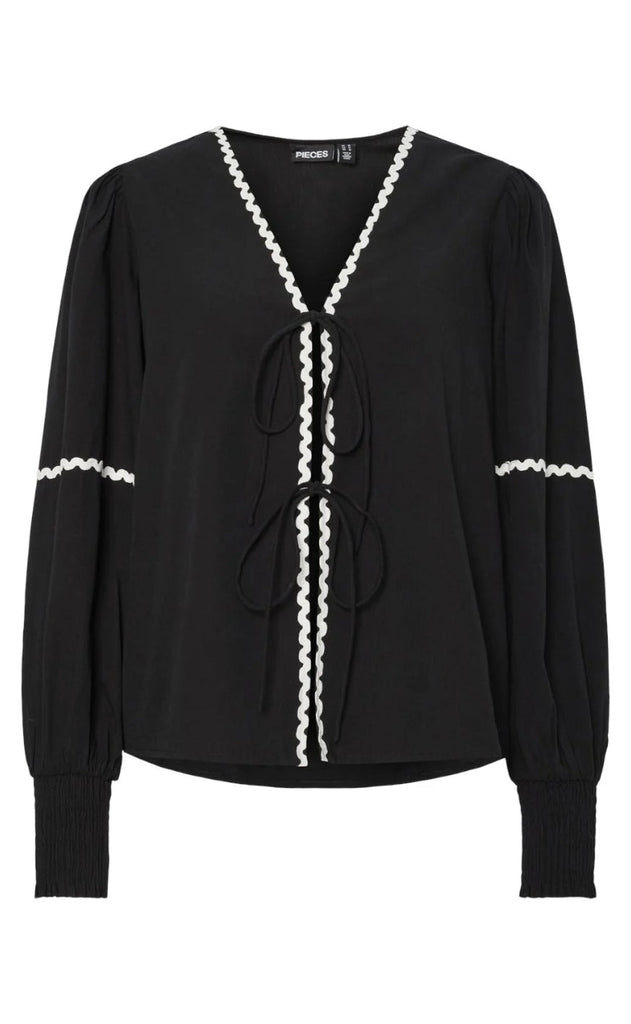 Pieces Top - Nervia Ls Tie Top - Black w. Bright White